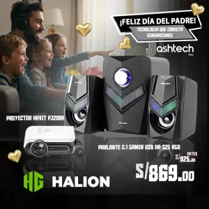 Proyector HAVIT PJ209A PRO SMART, SOPORTA 4K, 450 ANSI LUMENS + PARLANTE HALION 2.1 GAMER USB HA-S25 RGB