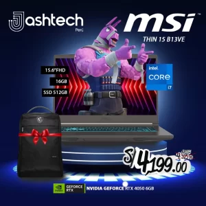 Laptop MSI GAMER THIN 15 B13VE/3015PE- INTEL CORE I7 13620H, 16GB, SSD 512GB, RTX4050 6GB, 15.6" FHD, W11+ MOCHILA