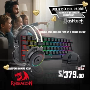 Combo REDRAGON S143 TECLADO FIZZ SP + MOUSE M724W NEGRO + AUDIFONO REDRAGON NEGRO LAMIA2 H320, RGB, GAMER, USB