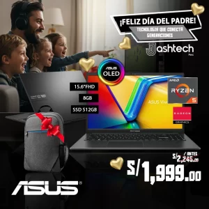 Laptop ASUS VIVOBOOK E1504FA-L1655- AMD RYZEN 5 7520U, 8GB, 512GB, 15.6 OLED + MOCHILA
